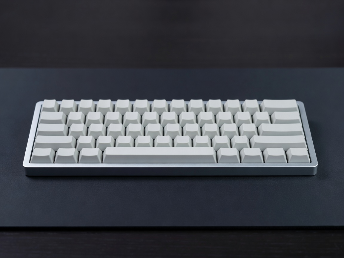 A clean, minimalist mechanical keyboard with neutral keycaps on a dark desk mat