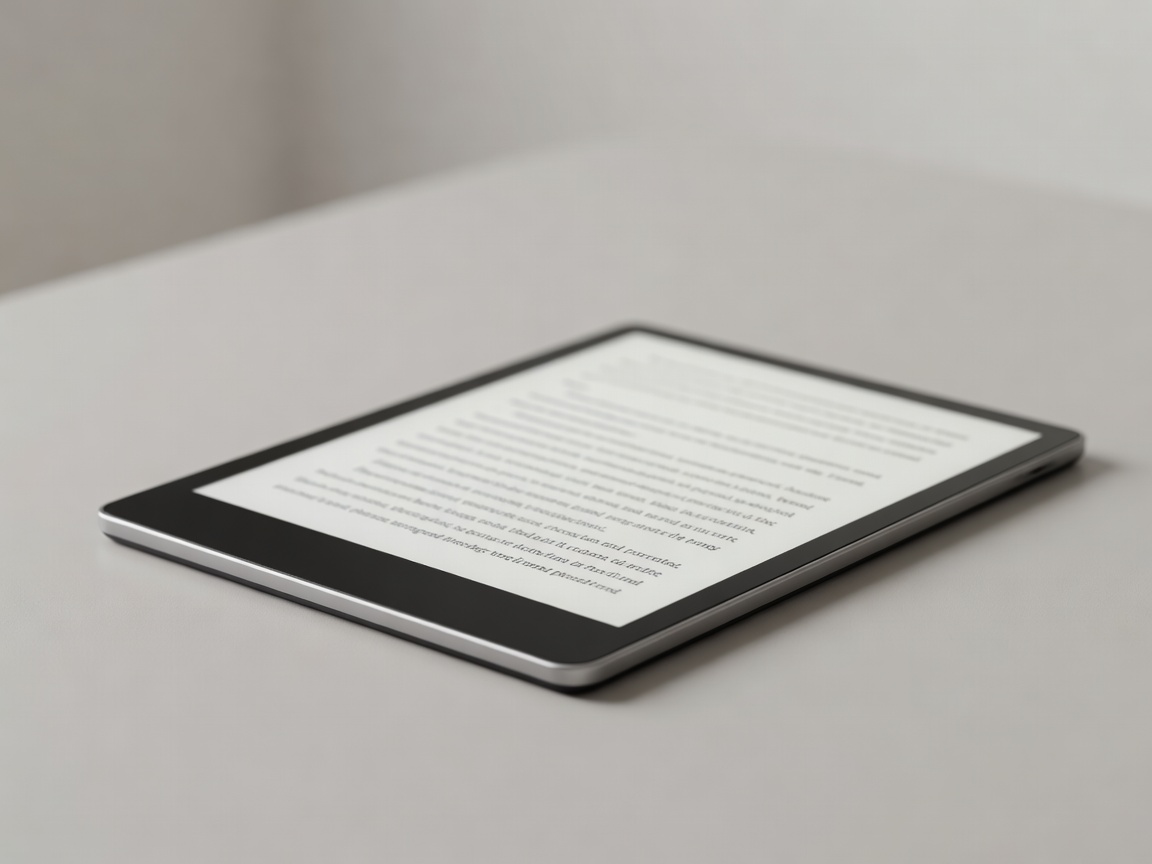 A sleek electronic reader device displaying text, set against a calm background