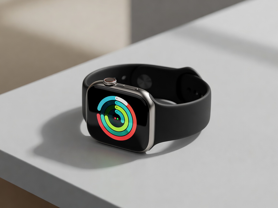 A modern smartwatch with a silicon band showing a daily fitness ring