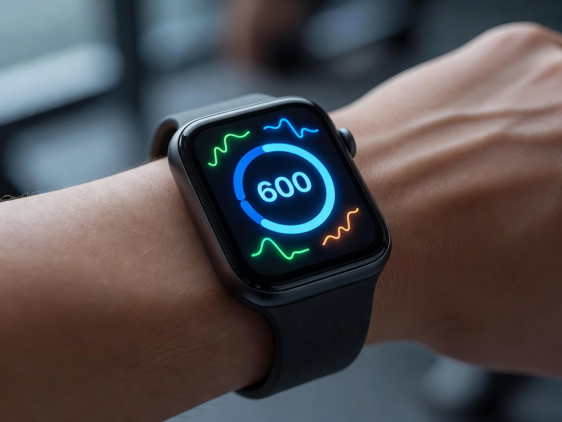 Close-up of a digital smartwatch displaying health metrics