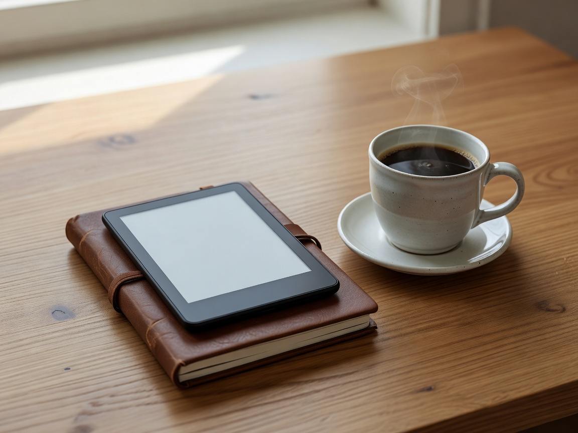 E-reader device resting on a notebook next to a cup of coffee
