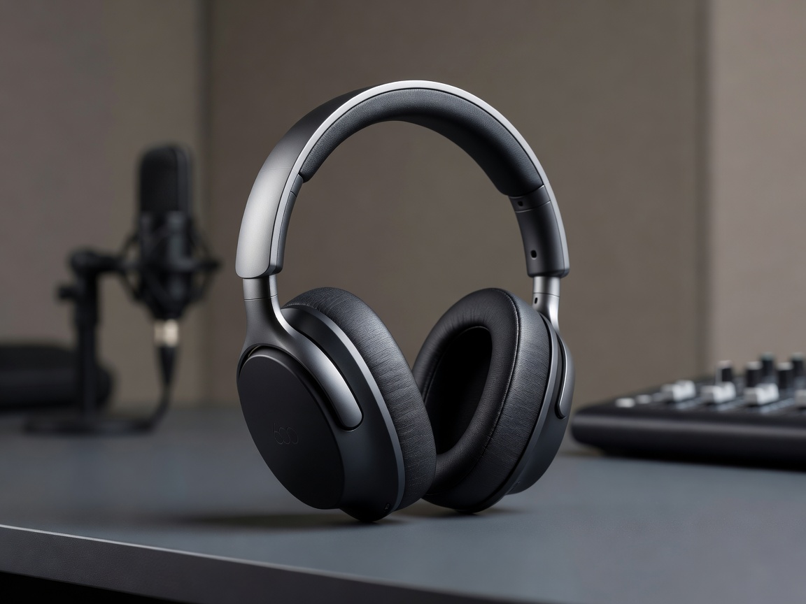 High-quality over ear noise cancelling headphones placed on a studio desk