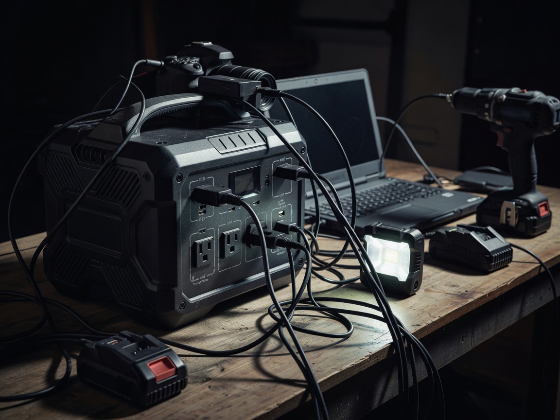 Multiple devices plugged into a heavy duty portable power station